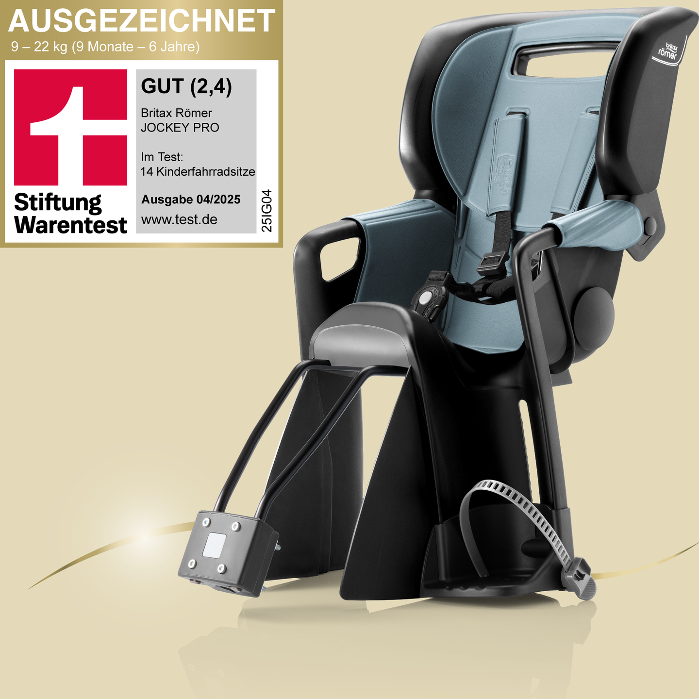 Britax R&ouml;mer Kinderfarhrradsitz JOCKEY PRO in Harbor Blue; daneben Stiftung Warentest-Testlabel mit Bewertung &sbquo;GUT&lsquo; (2,4). 
